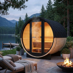 Sauna extérieur tonneau vitré compact en bois 2 à 4 places + poêle 6KW + shingles inclus - SNÖ