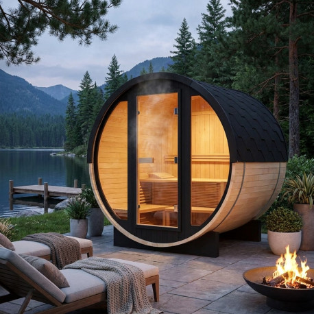 Sauna extérieur tonneau vitré compact en bois 2 à 4 places + poêle 6KW + shingles inclus - SNÖ