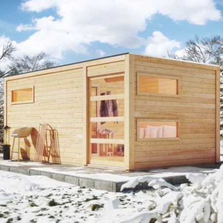 Sauna extérieur Hygge bois naturel avec vestibule et trois fenêtres 6 à 8 places 38mm KARIBU