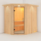 Sauna traditionnel d'angle CARIN 4 à 5 places 68mm avec couronne et porte en verre clair KARIBU
