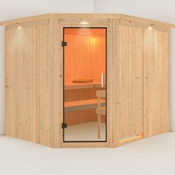 Sauna traditionnel d'angle MALIN 5 à 6 places 68mm avec couronne et porte en verre clair KARIBU